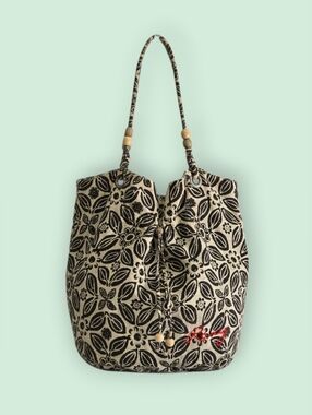 Roxy Black & Cream Floral Tote Bag with Wooden Bead Details-EUC